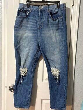Torrid Blue Distressed Button Fly Boyfriend Jeans with Knee Rips 14R